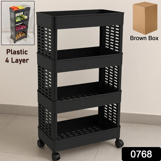 4-Layer Plastic Kitchen Trolley with Wheels – Multipurpose Storage Rack.