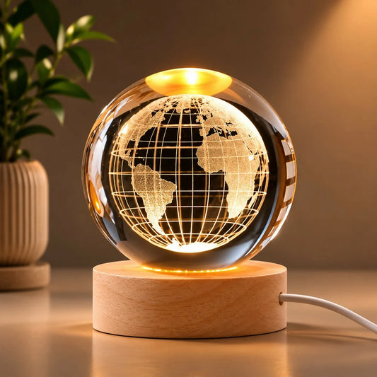 3D Crystal Globe LED Night Lamp with Wooden Base, USB Powered
