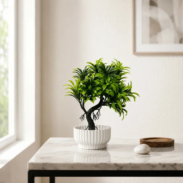 Artificial Bonsai Tree Plant with White Ribbed Pot Green Leaves Home Office Decor