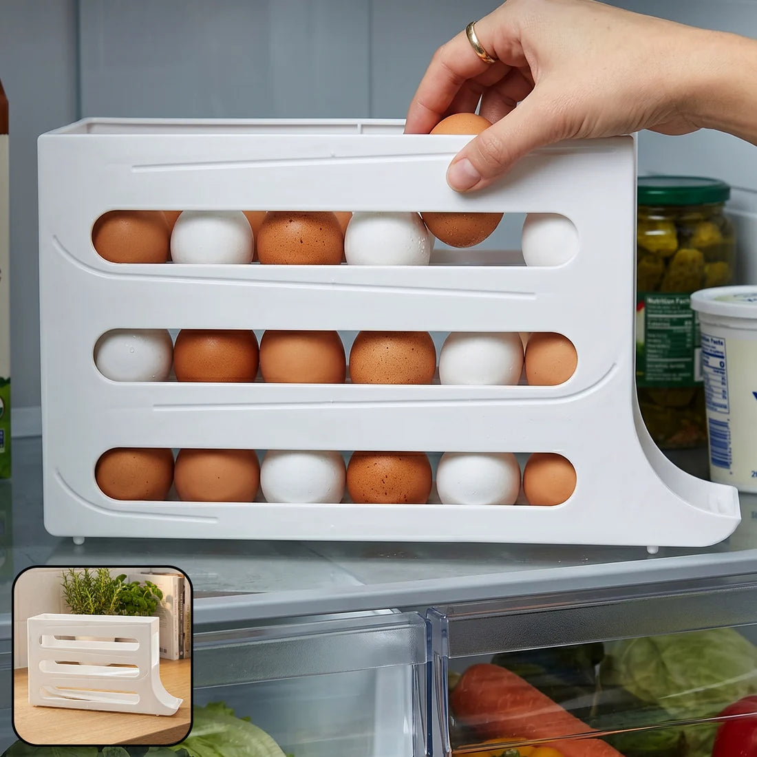 Auto-Rolling 4-Tier Egg Holder for Fridge – Space-Saving Gravity Egg Dispenser & Container