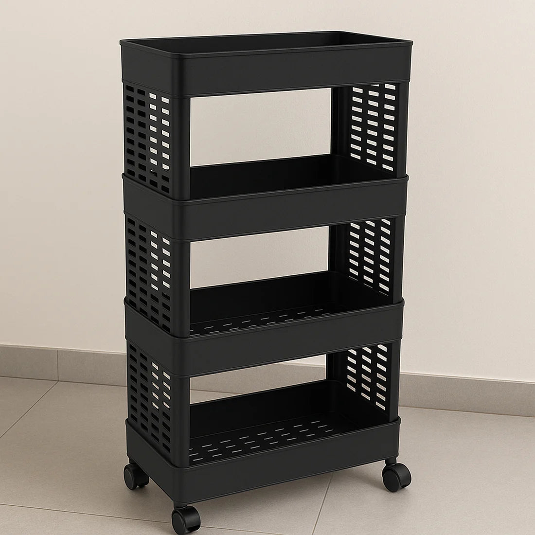 4-Layer Plastic Kitchen Trolley with Wheels – Multipurpose Storage Rack.