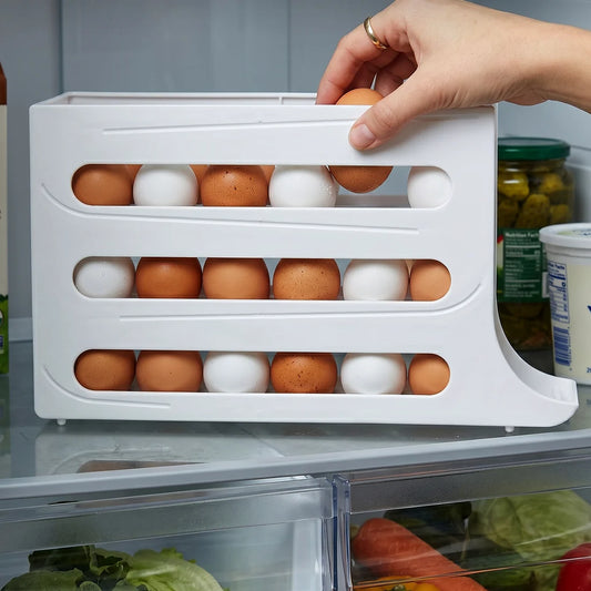 Auto-Rolling 4-Tier Egg Holder for Fridge – Space-Saving Gravity Egg Dispenser & Container