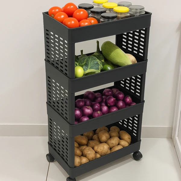 4-Layer Plastic Kitchen Trolley with Wheels – Multipurpose Storage Rack.