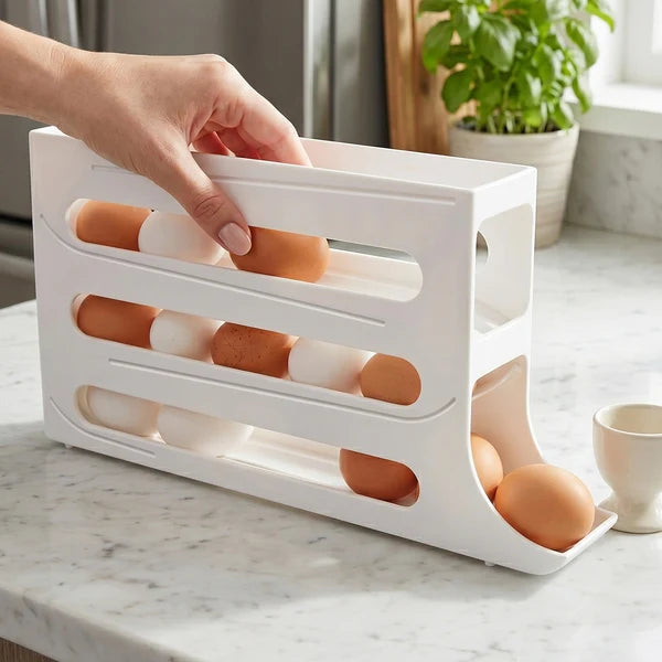 Auto-Rolling 4-Tier Egg Holder for Fridge – Space-Saving Gravity Egg Dispenser & Container