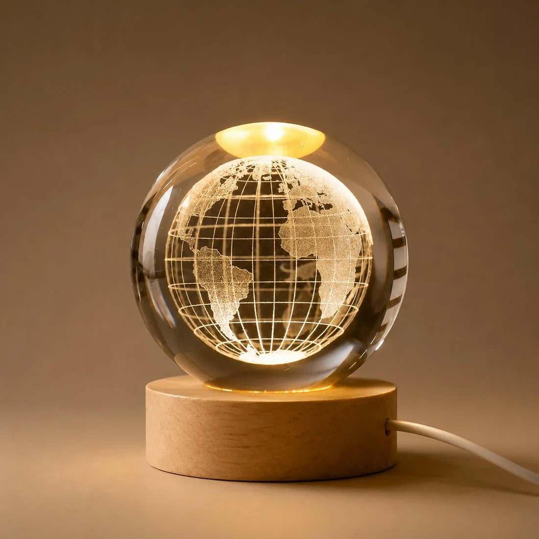 3D Crystal Globe LED Night Lamp with Wooden Base, USB Powered