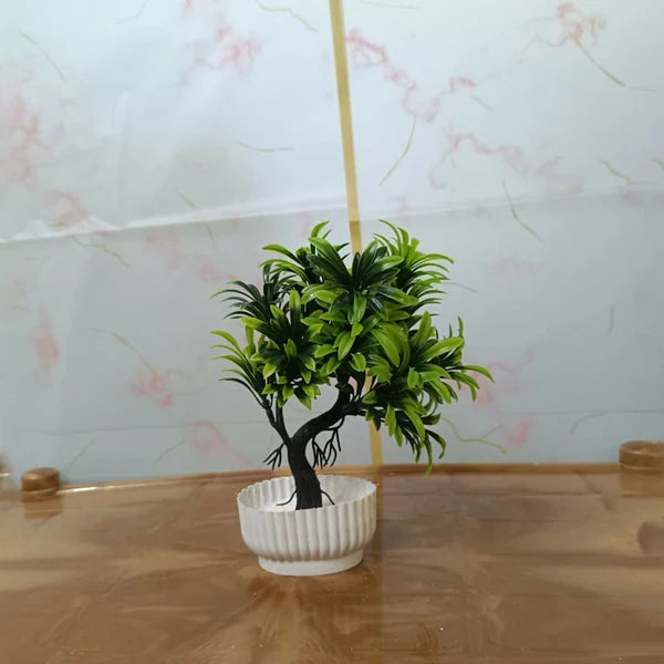 Artificial Bonsai Tree Plant with White Ribbed Pot Green Leaves Home Office Decor