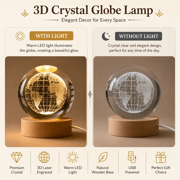 3D Crystal Globe LED Night Lamp with Wooden Base, USB Powered