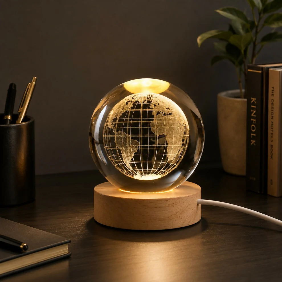 3D Crystal Globe LED Night Lamp with Wooden Base, USB Powered