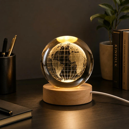 3D Crystal Globe LED Night Lamp with Wooden Base, USB Powered