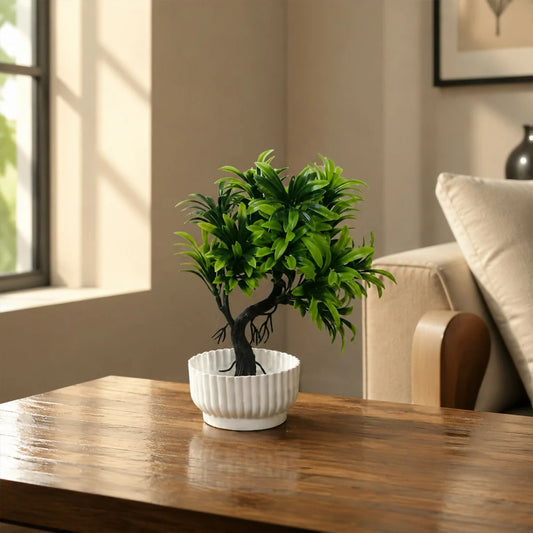 Artificial Bonsai Tree Plant with White Ribbed Pot Green Leaves Home Office Decor