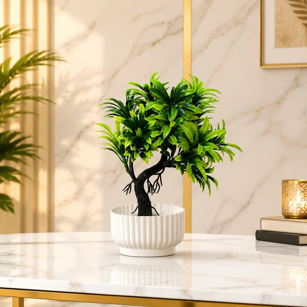 Artificial Bonsai Tree Plant with White Ribbed Pot Green Leaves Home Office Decor