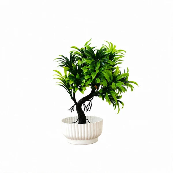 Artificial Bonsai Tree Plant with White Ribbed Pot Green Leaves Home Office Decor