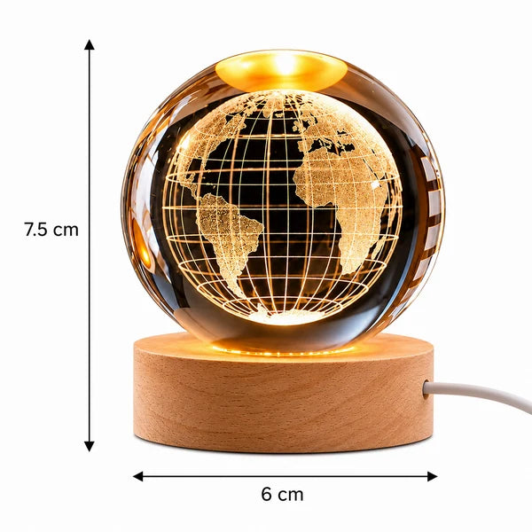 3D Crystal Globe LED Night Lamp with Wooden Base, USB Powered