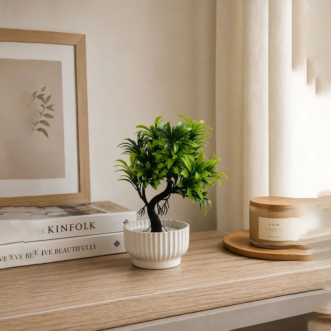 Artificial Bonsai Tree Plant with White Ribbed Pot Green Leaves Home Office Decor